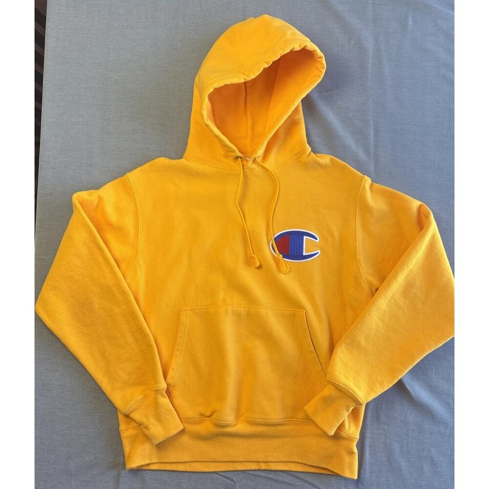 Champion Sweatshirt Mens Med. Reverse Weave Hoodie Heavyweight Big C Logo Yellow